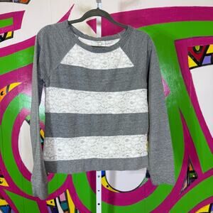 LC Lauren Conrad Gray and White Lace Striped Raglan Sweater. Size Small.